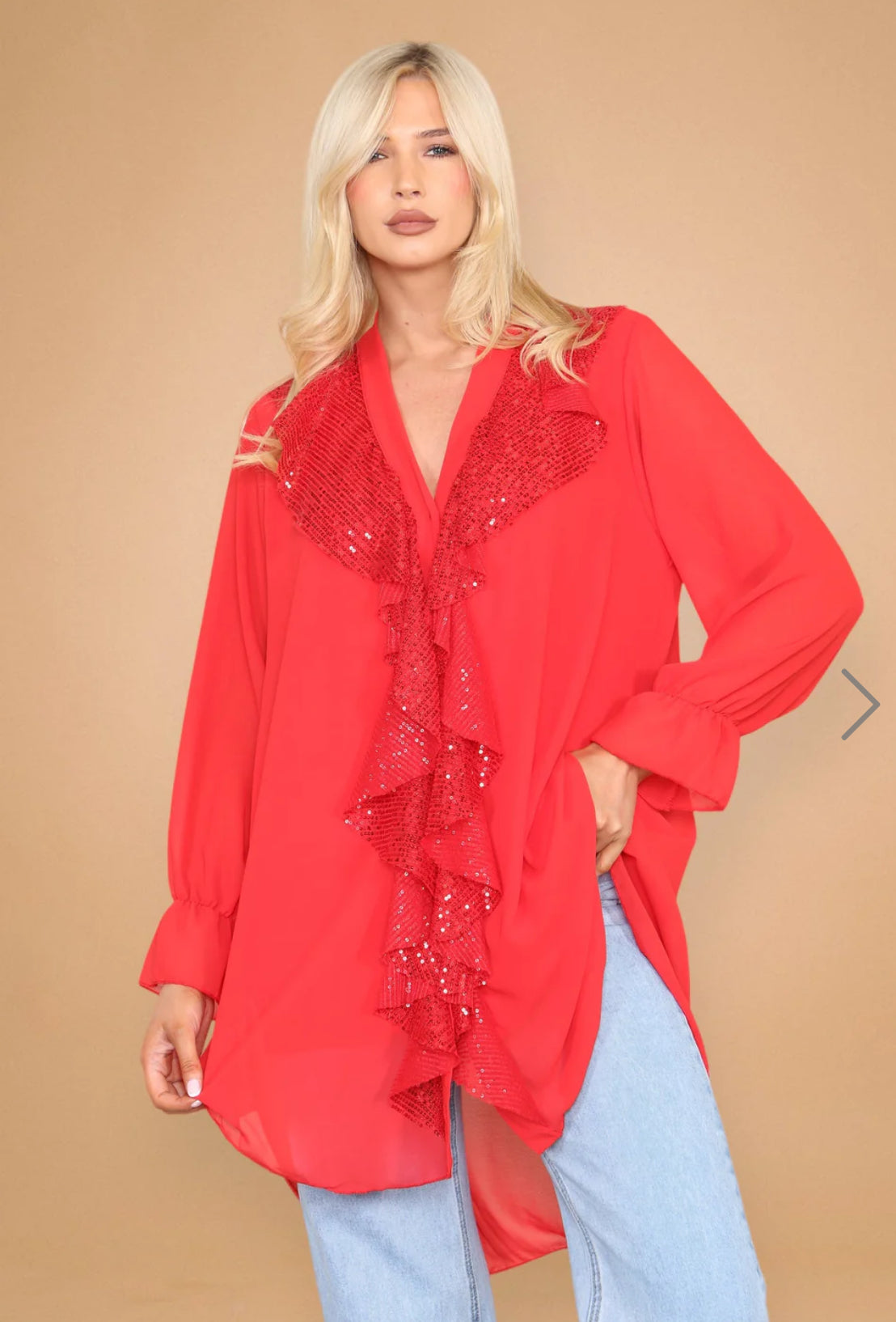 ‘Magda’ Sequin Ruffle Front Blouse