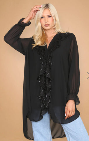 ‘Magda’ Sequin Ruffle Front Blouse